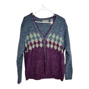 Northern Isles Wool Blend V Neck Purple Blue Soft  Cottagecore Womens M Cardigan